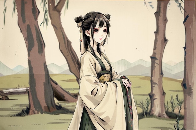 Eine Karikatur einer Frau in einem grünen Kimono steht auf einem Feld mit Bäumen im Hintergrund.