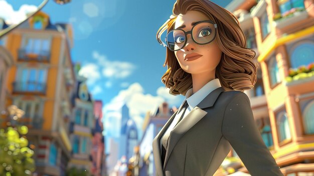 eine Karikatur einer Frau mit Brille und einem Anzug mit einem blauen Himmel im Hintergrund