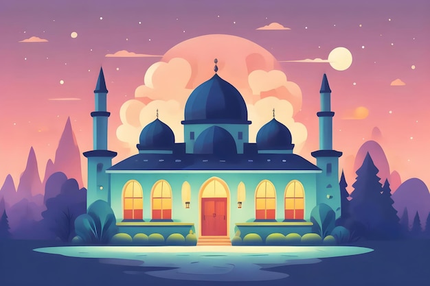 Foto eine karikatur einer moschee mit einem rosa himmel und einem mond im hintergrund