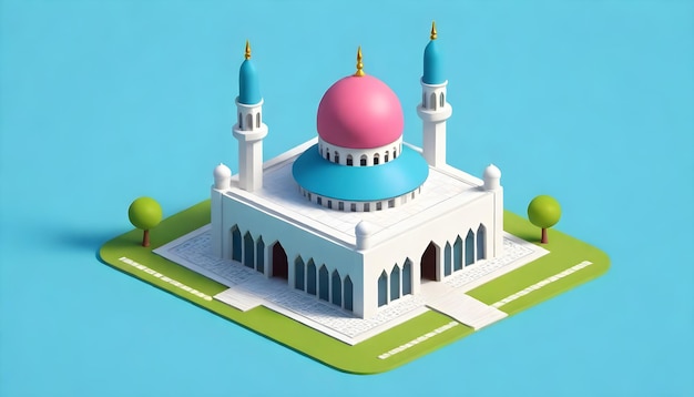 eine Karikatur einer Moschee mit einer blauen und rosa Kuppel