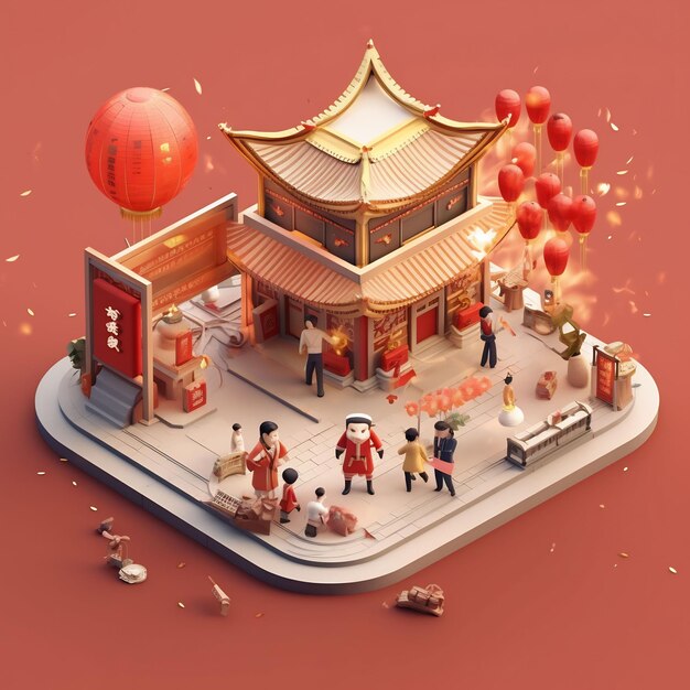 eine Karikatur eines chinesischen Tempels mit rotem Hintergrund.
