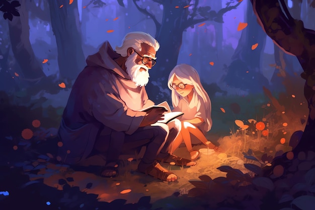 Eine Karikatur eines Großelternteils, der mit einem Mädchen ein Buch liest