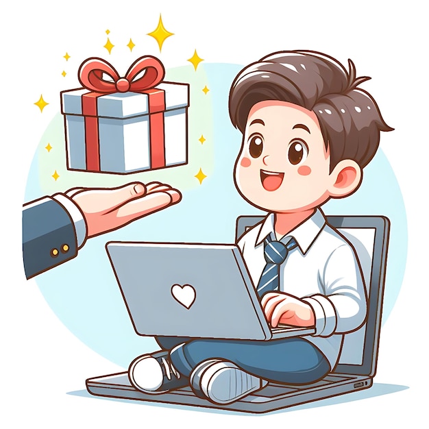 eine Karikatur eines Jungen, der vor einem Laptop mit einem Geschenk in der Ecke sitzt