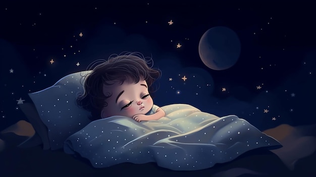 Eine Karikatur eines kleinen Jungen, der in einem Bett schläft, mit dem Mond im Rücken.