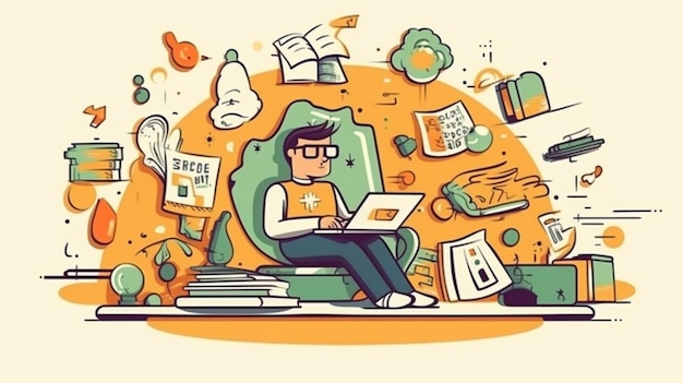 Eine Karikatur eines Mannes, der auf einem Stuhl sitzt, mit einem Stapel Bücher und einem Buch über das Wort „Nein“ darauf.