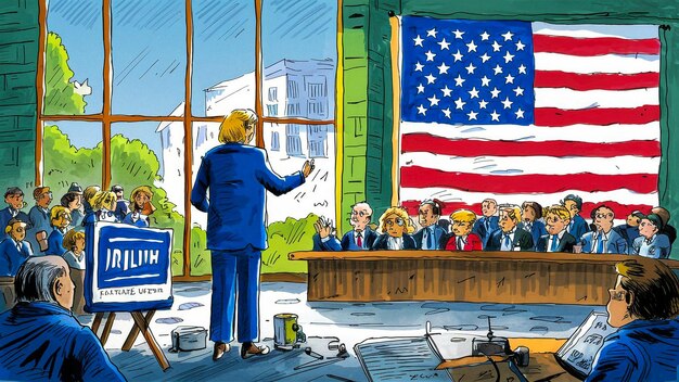 eine Karikatur eines Mannes, der eine Rede vor einer Flagge hält, auf der "Washington" steht