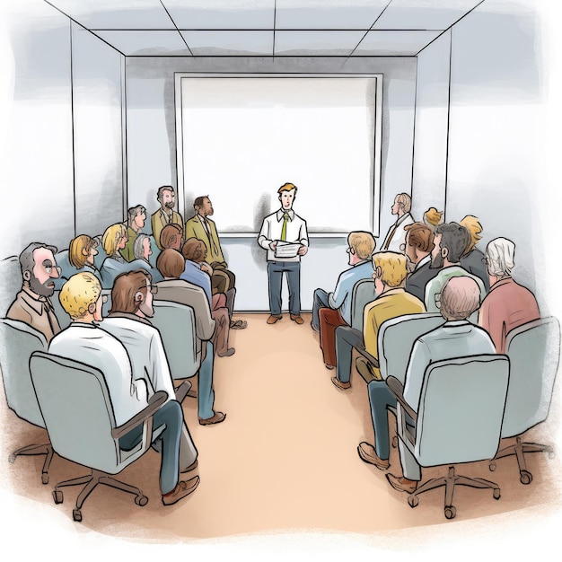 Foto eine karikatur eines mannes, der in einem konferenzraum eine präsentation hält.
