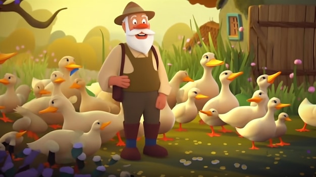 Eine Karikatur eines Mannes, der mit einem Haufen weißer Enten vor einem Bauernhof steht.