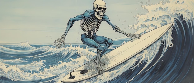 eine Karikatur eines Skeletts, das auf einem Surfbrett im Ozean fährt