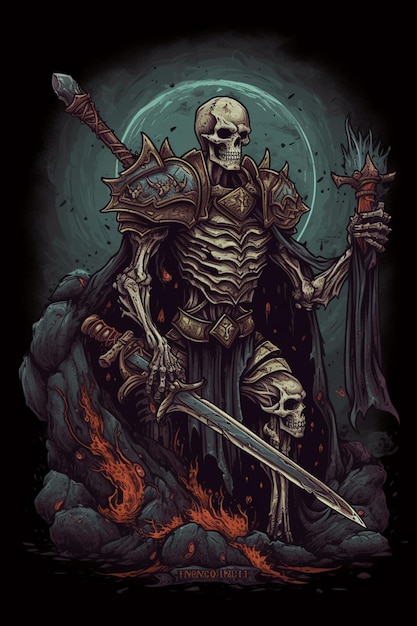Eine Karikatur eines Skeletts mit einem Schwert auf der Brust steht vor einem Feuer mit einem Mond im Hintergrund.