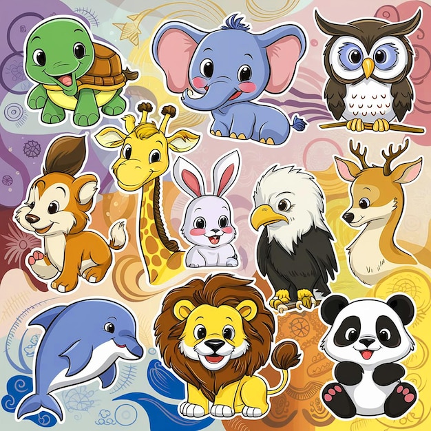 eine Karikatur verschiedener Tiere, darunter eine Giraffe, ein Panda und ein Panda