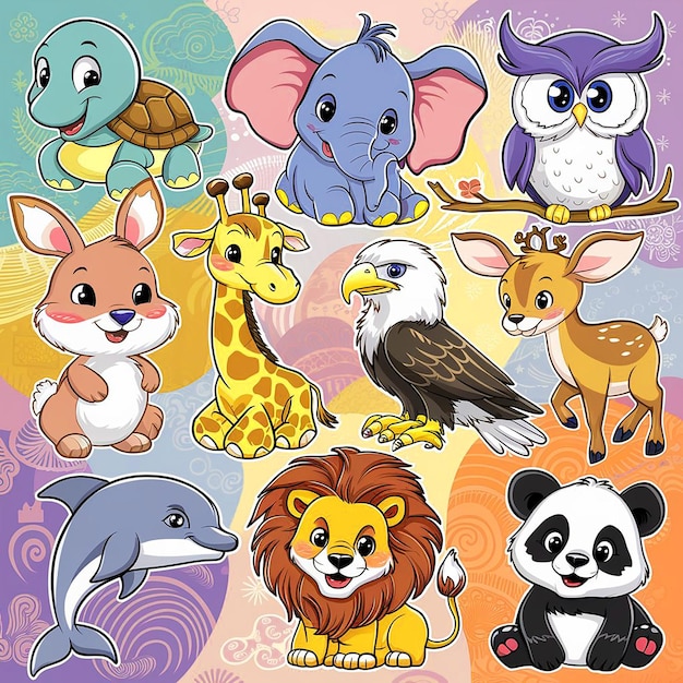 eine Karikatur verschiedener Tiere, darunter eine Giraffe, ein Panda und ein Panda