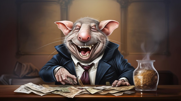 Foto eine karikatur von einem schwein mit geld in den händen und einer dollarnote mit einer dollarnote im hintergrund