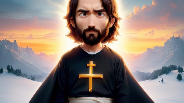 Eine Karikatur von Jesus mit einem Kreuz auf der Brust