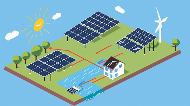 eine Karikatur von Sonnenpanelen mit der Sonne, die oben scheint