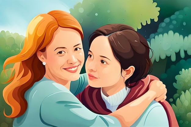 Eine Karikatur von zwei Frauen, die sich zum Muttertag umarmen