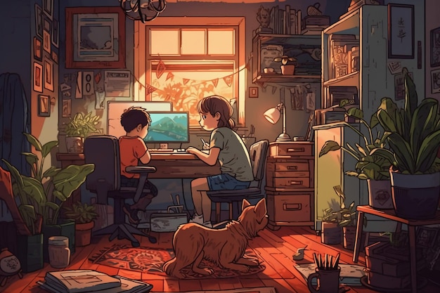 Eine Karikatur von zwei Kindern, die mit einem Hund auf dem Boden an einem Computer sitzen.