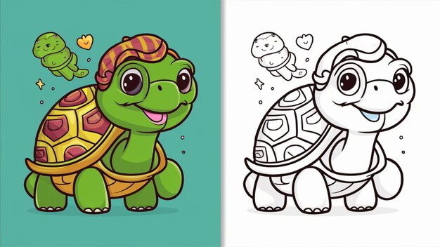 eine Karikaturschildkröte und eine Schildkröte sind auf einem grünen Hintergrund gezeichnet