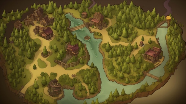 Eine Karte des Waldes mit einem Fluss und einer Brücke in der Mitte.
