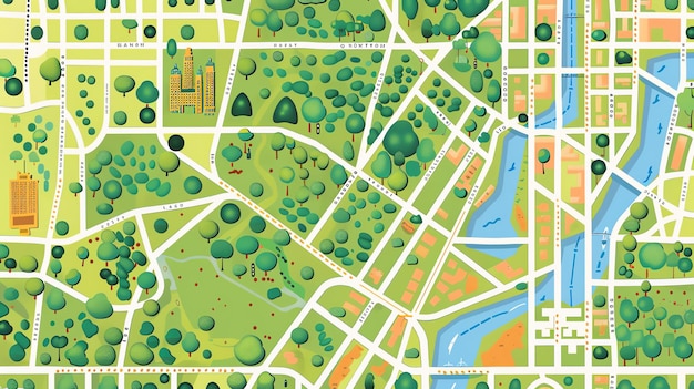 Foto eine karte einer fiktiven stadt die stadt ist durch straßen und alleen in blöcke unterteilt es gibt parks, einen see und einen fluss in der stadt