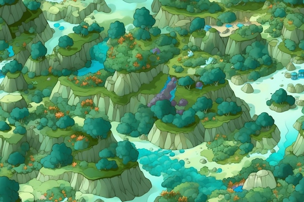 Eine Karte eines Berges mit Bäumen und einem Fluss in der Mitte.