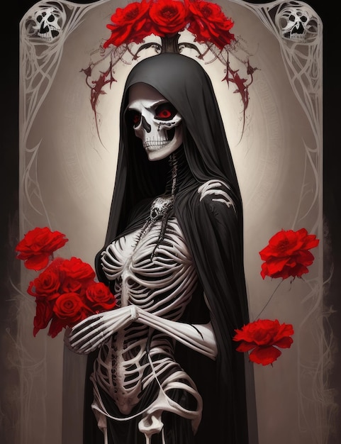 Eine Karte mit einem Skelett, das ein schwarzes Kleid und ein Skelettkostüm trägt.