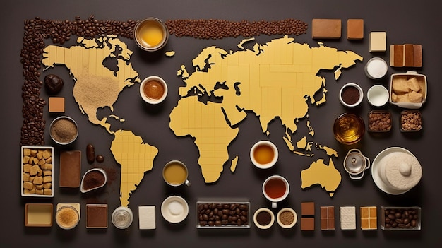Foto eine karte von kaffee und kaffee mit einer weltkarte darauf.