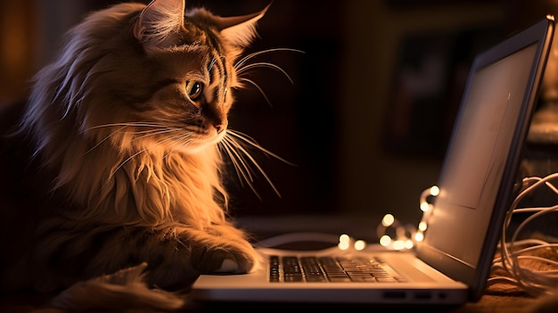 Foto eine katze arbeitet an einem laptop