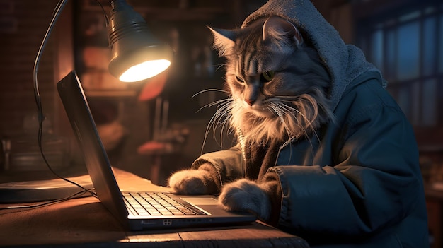 Foto eine katze arbeitet an einem laptop