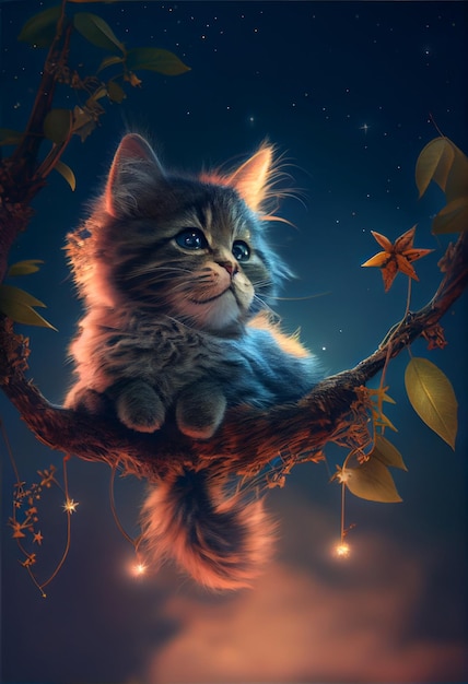Eine Katze auf einem Baum mit Lichtern darauf