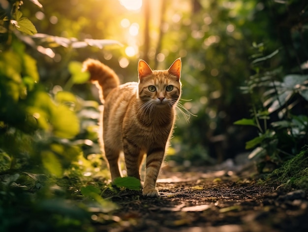 eine Katze auf einem Pfad im Wald