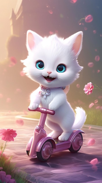 Eine Katze auf einem Roller mit rosa Rädern