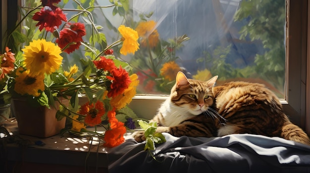 Eine Katze auf einem sonnigen Fensterbrett, die draußen Vögel beobachtet