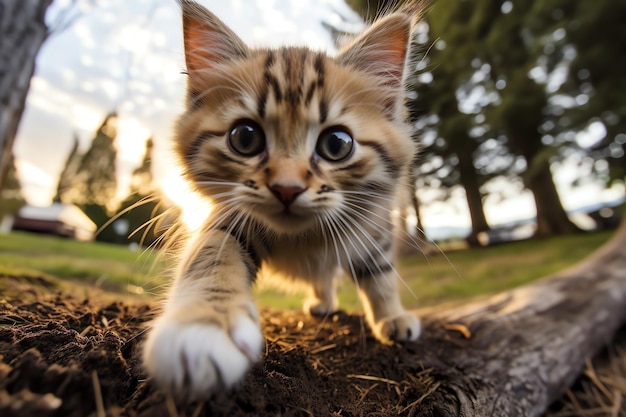 Foto eine katze, die auf einem baumstamm läuft