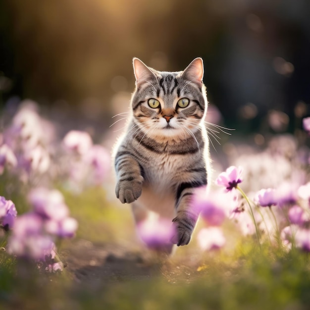 Eine Katze, die durch ein Feld mit lila Blumen läuft