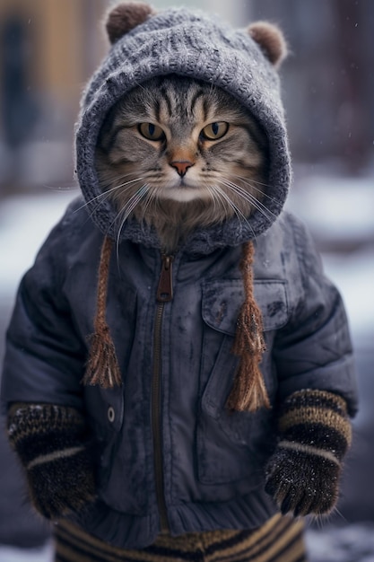 eine Katze, die eine Jacke und einen Hut trägt