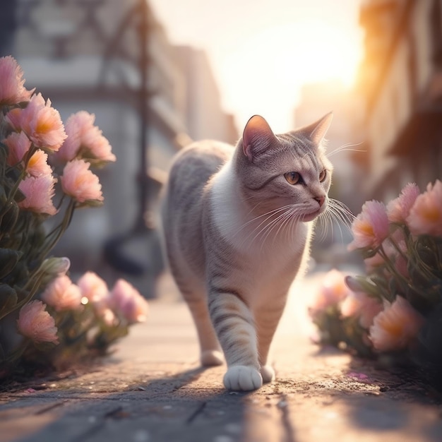 Eine Katze, die eine Straße hinuntergeht, mit Blumen im Hintergrund