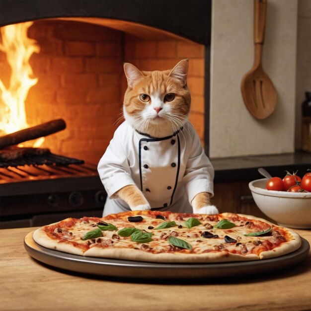 Foto eine katze, die einen anzug trägt, steht neben einer pizza auf einem tisch