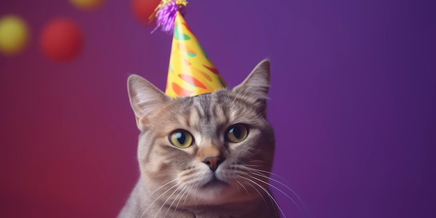 Eine Katze, die einen Partyhut trägt, sitzt auf einem lila Hintergrund.