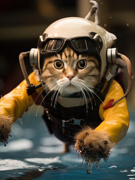 eine Katze, die einen Pilotanzug und eine Schutzbrille trägt, trägt einen Helm