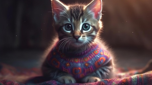 Eine Katze, die einen Pullover trägt, auf dem „Katze“ steht