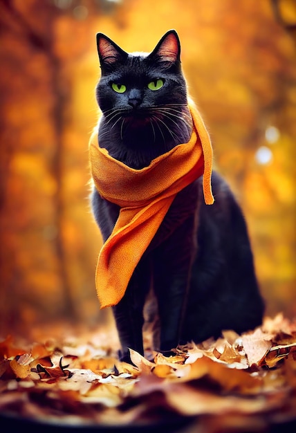 Eine Katze, die einen Schal in einem Herbstwald trägt.