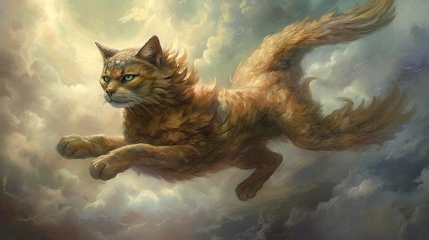 Eine Katze, die in den Himmel fliegt, mit dem Wort Katze darauf