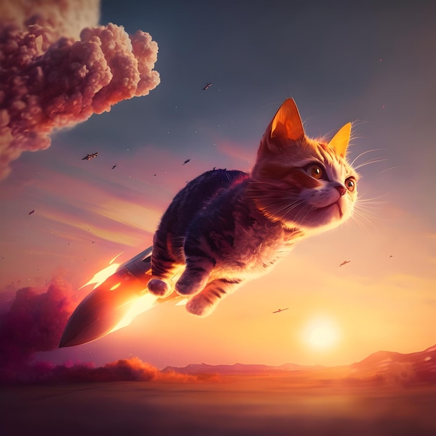 Eine Katze, die in einer Rakete fliegt, mit der Aufschrift „Weltraumkatze“ darauf.