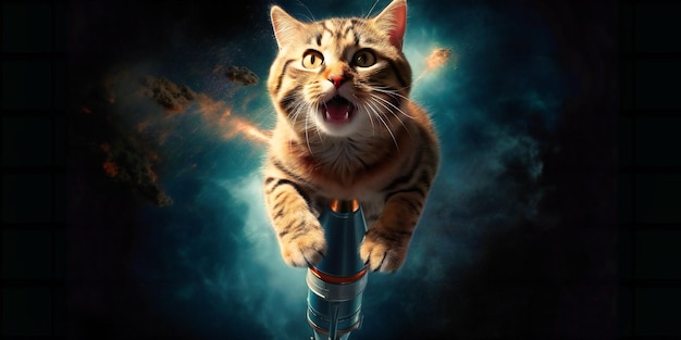 Eine Katze, die in einer Rakete herumfliegt