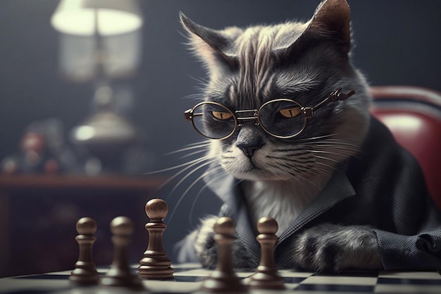 Eine Katze, die Schach mit einem schwarzen Hintergrund spielt