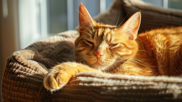 eine Katze, die zufrieden in einem gemütlichen Bett schläft und sich in Entspannung und Komfort erholt