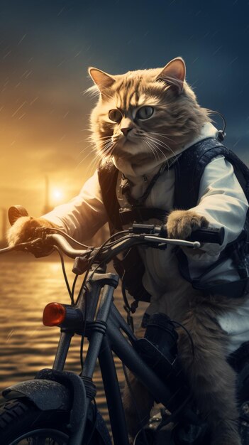 Eine Katze fährt auf einem elektrischen Fahrrad am Strand