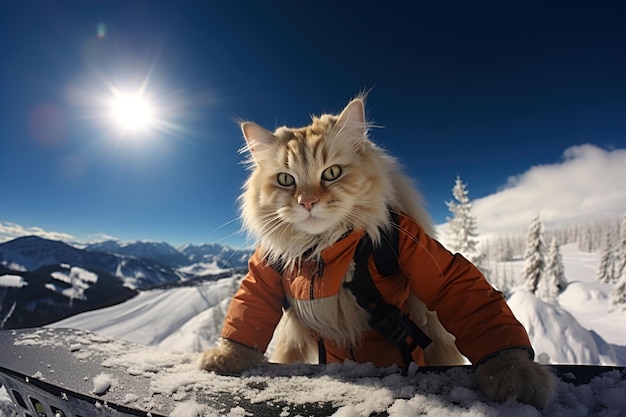 Eine Katze fährt in einem verschneiten Berg Snowboard