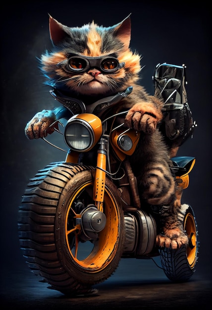 Eine Katze fährt mit Helm Motorrad.